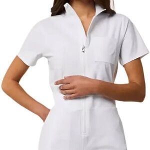 White Short Sleeve Zip-Up Jumpsuit